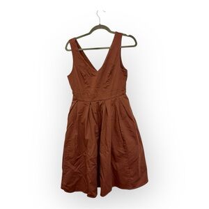 Fervour Rust Brown Fit & Flare Cotton Dress Sleeveless Minimalist V-Neck Medium